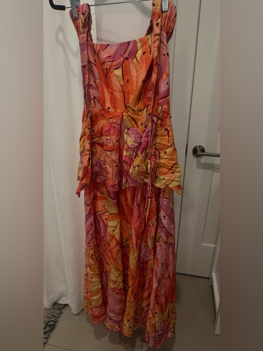 FARM Rio Pink and Orange Leaf-Print Long Sleeve Maxi Dress
